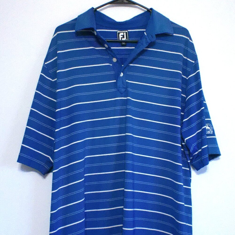 FootJoy Polo Shirt Mens XL Blue Striped Athletic Fit Golf Ivanhoe Logo